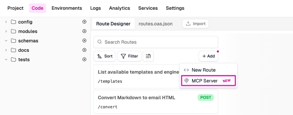 The Route Designer Add menu showing the MCP Server option to create a new MCP route