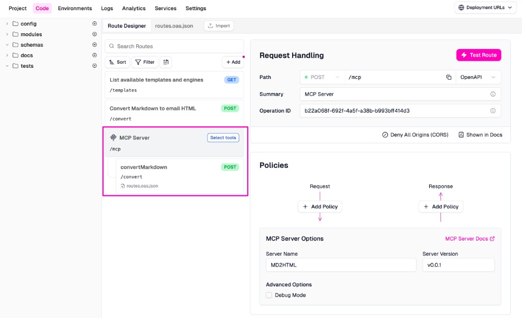 The MCP Server route configuration showing path POST /mcp, server name, version, and MCP Server Options
