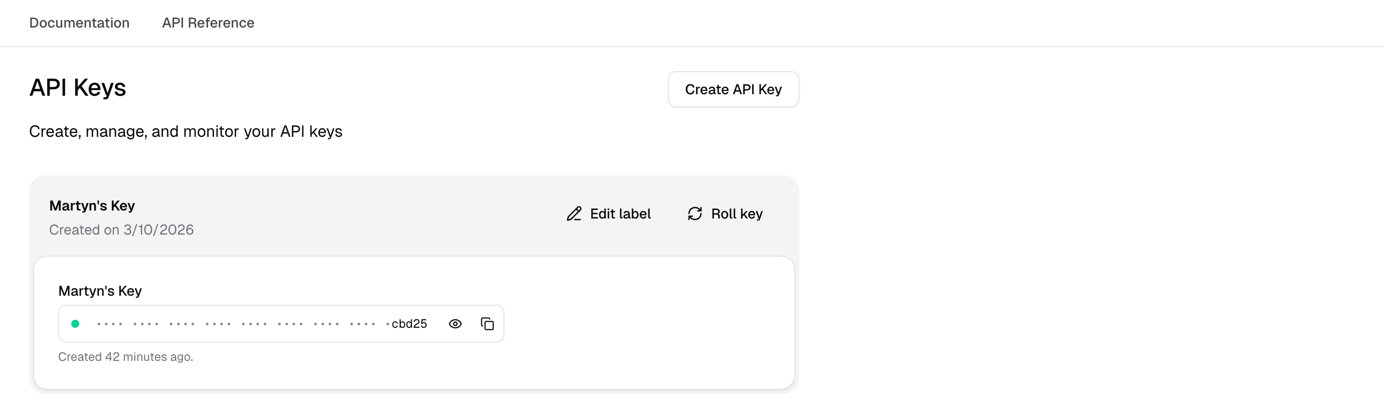 The developer portal API key management page where users can create and manage their own API keys