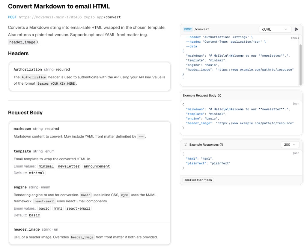 The auto-generated developer portal showing interactive documentation for the /convert endpoint with request schemas and examples