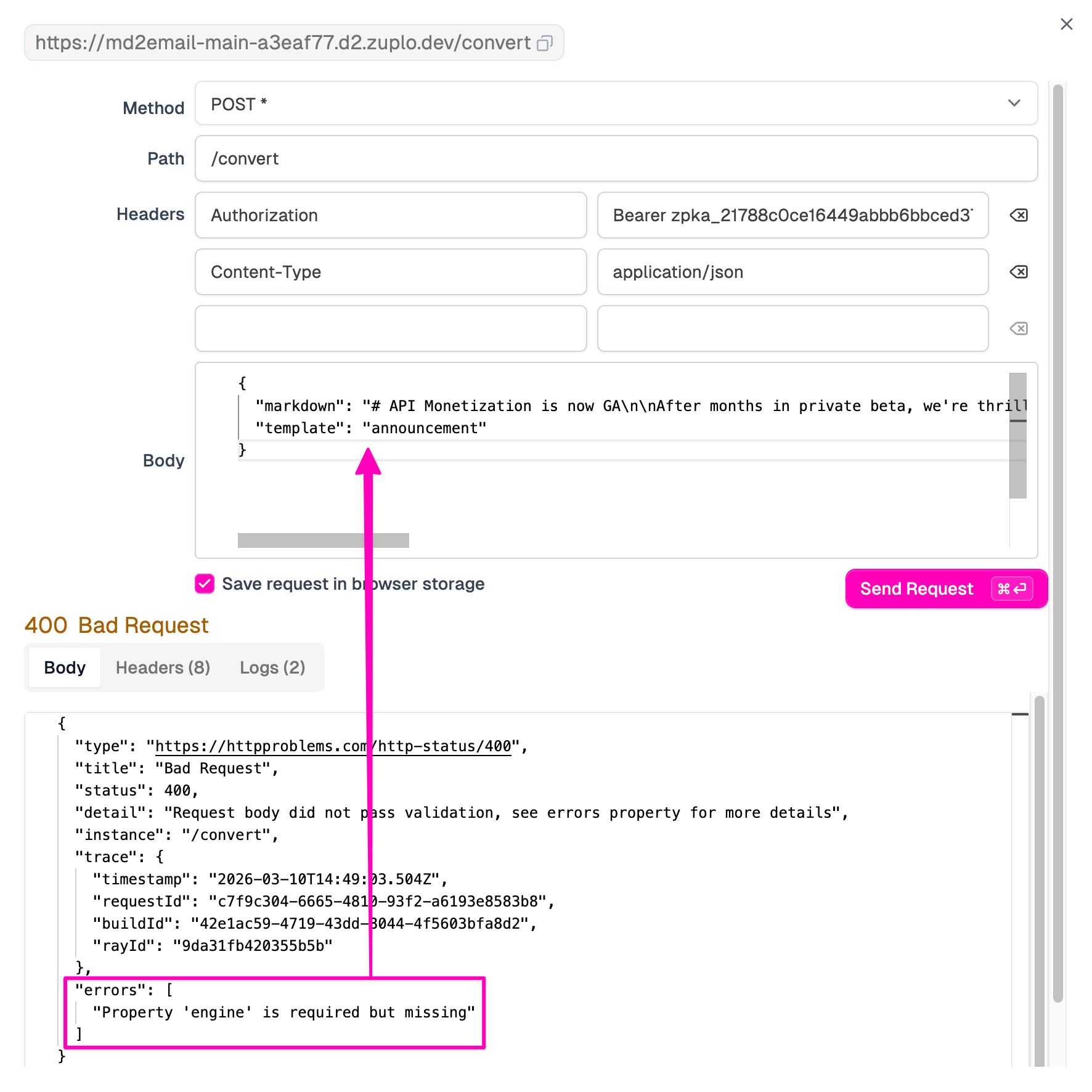 A 400 Bad Request response showing the validation error when an invalid engine value is sent to the /convert endpoint